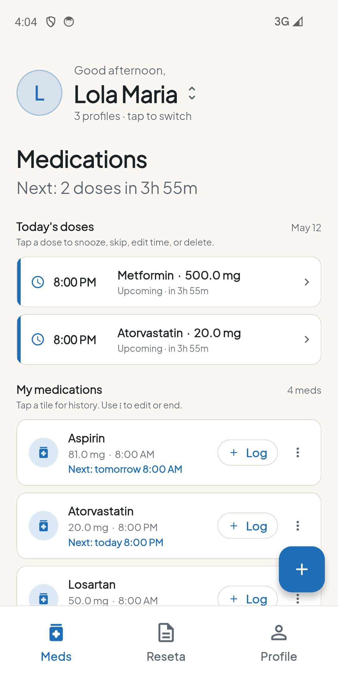 Remi's home screen showing today's doses and a list of medications